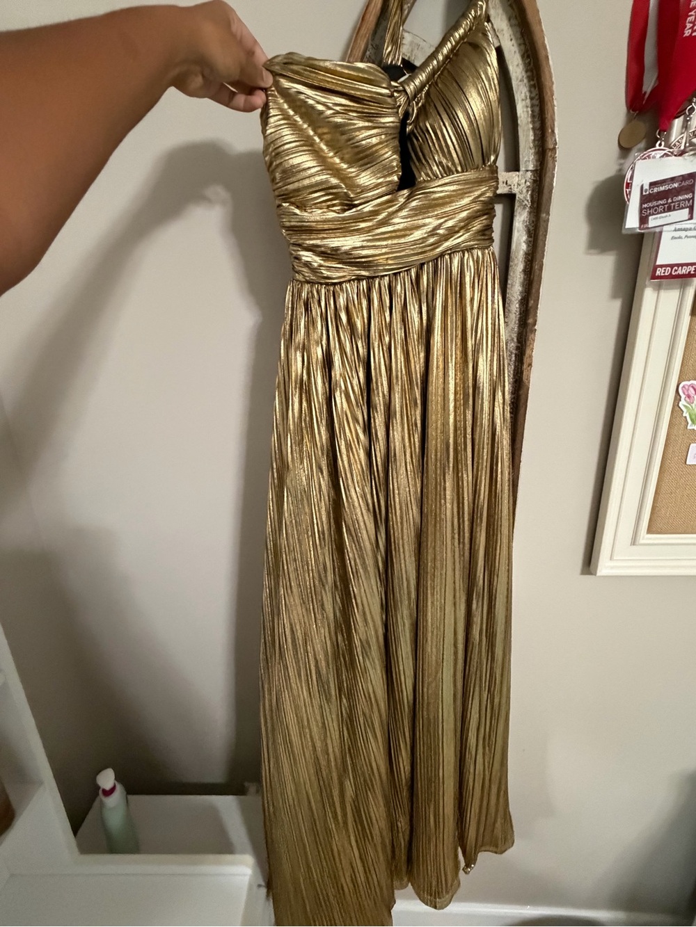 Luxe Metallic Gold Strapless Pleated Gown